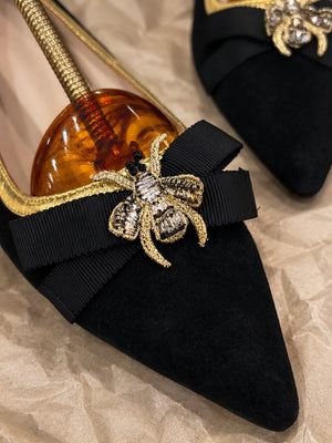 Gucci Black Suede Butterfly Bow Embellished Pointed Toe Ballet Flats