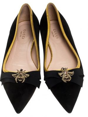 Gucci Black Suede Butterfly Bow Embellished Pointed Toe Ballet Flats